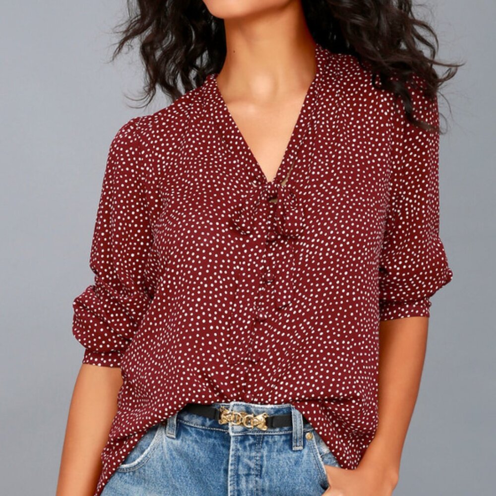 Lulus On The Spot Burgundy Polka Dot Button-up Top Red - Size Medium